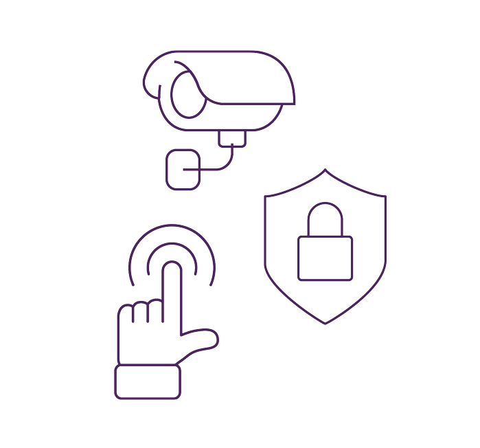 Purple illustration outline of a security camera, shield and a finger touching something